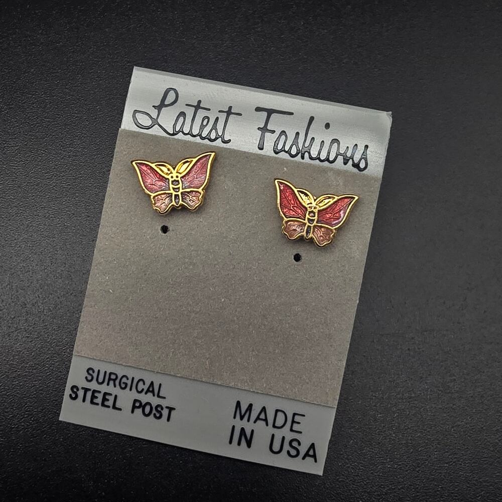 Cloisonne Enamel Butterfly Stud Earrings Vintage 1980s NOS On Card NWT